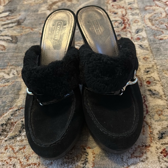 COACH IDYLE Shearling leather black clog heels rare $328 9 silver Designer - Picture 3 of 11